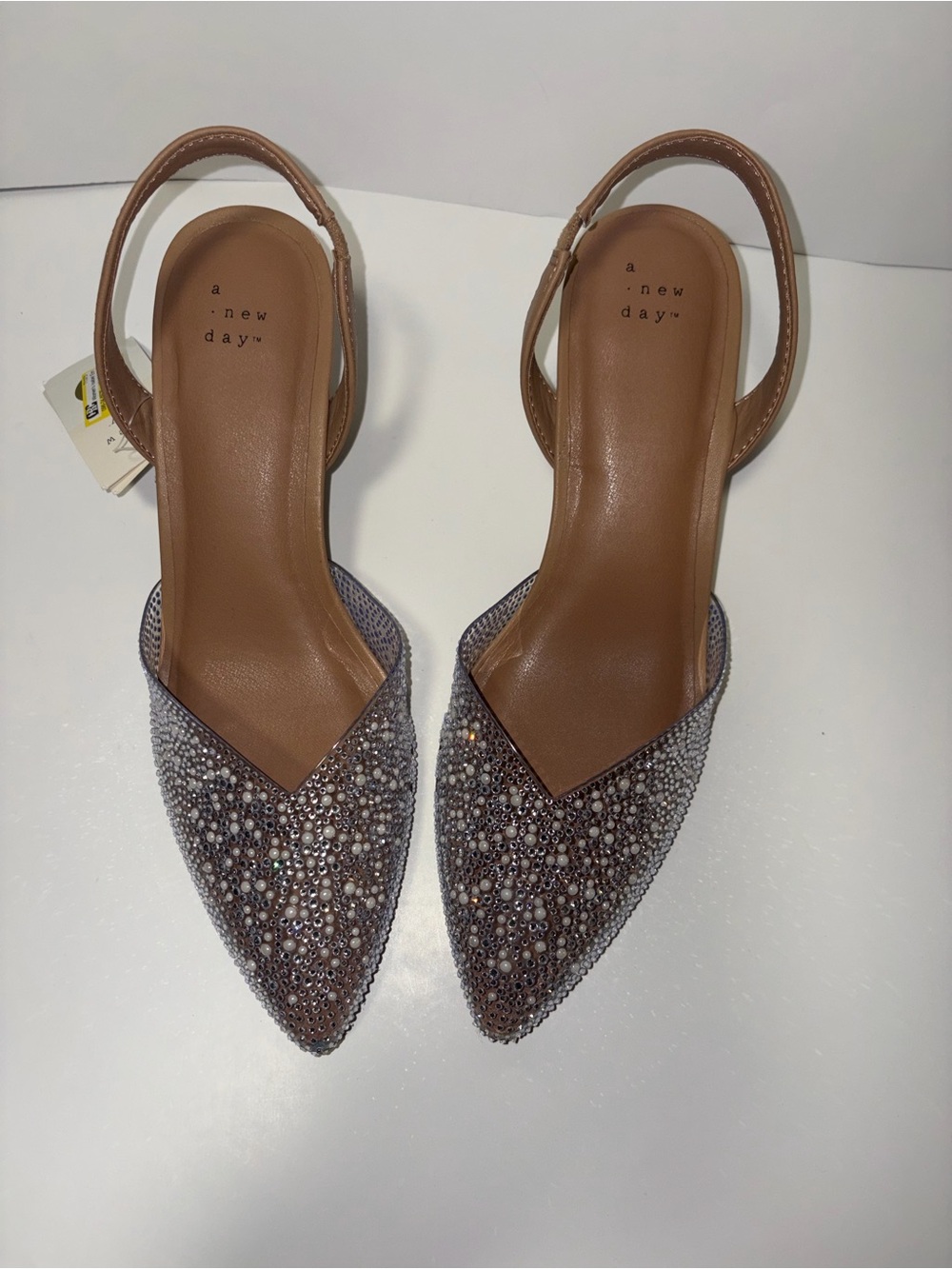 a new day Taupe Crystal-Embellished Pointed Slingback Mules